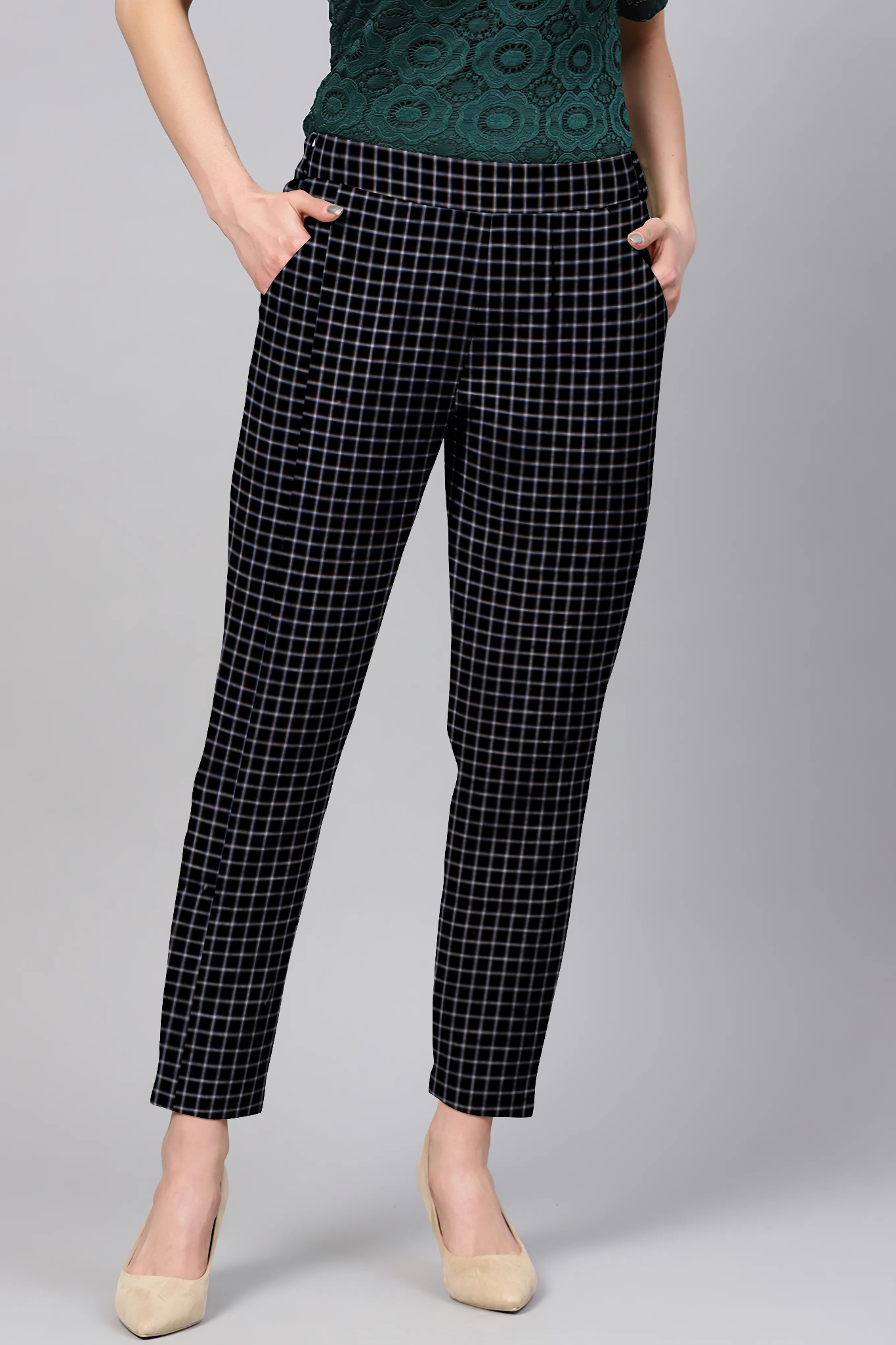Black White Cotton Check Regular Fit Solid Trouser-36111