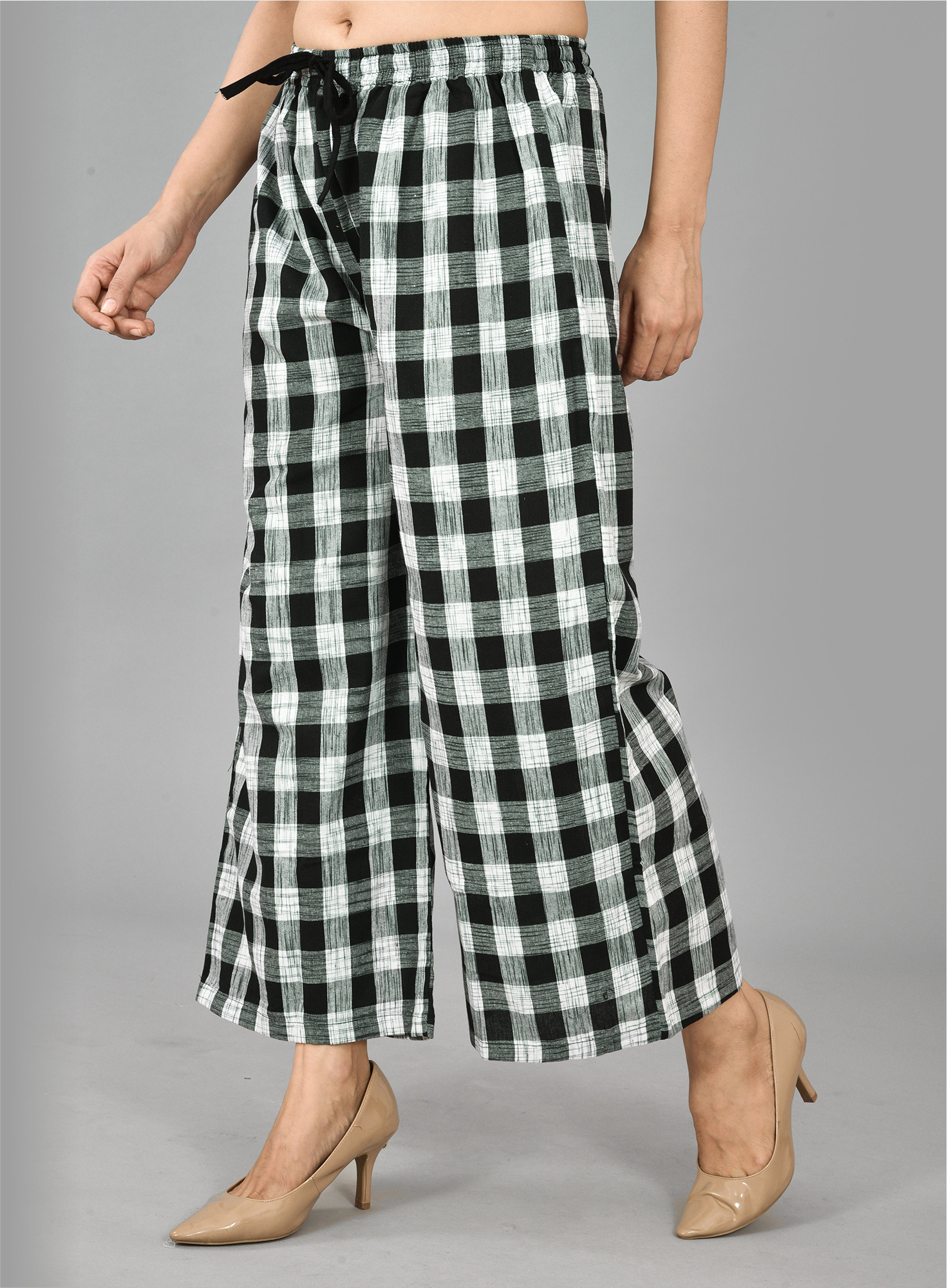 Black White Cotton Checks Palazzo Pant-36721