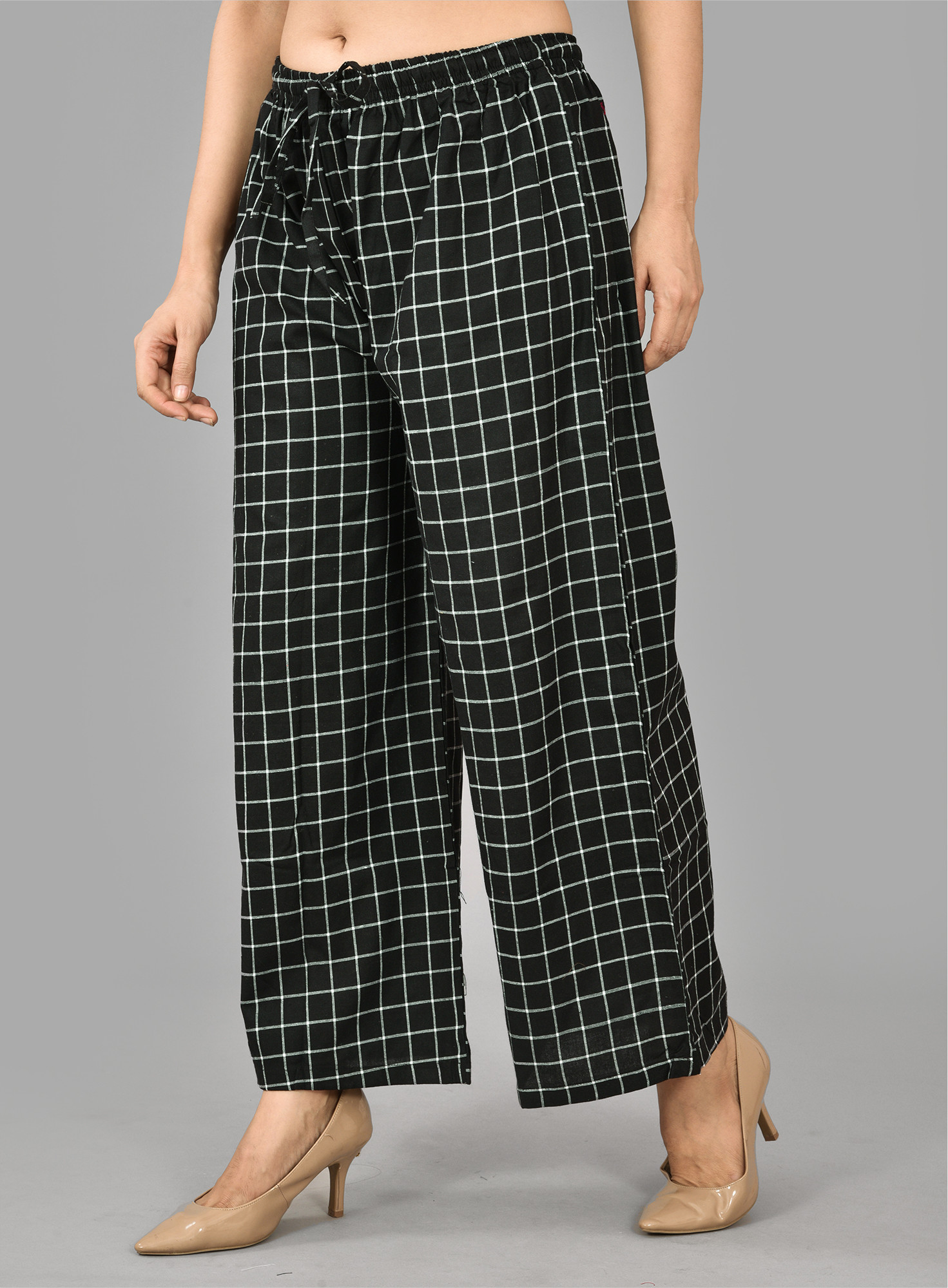 Black White Cotton Checks Palazzo Pant-36733