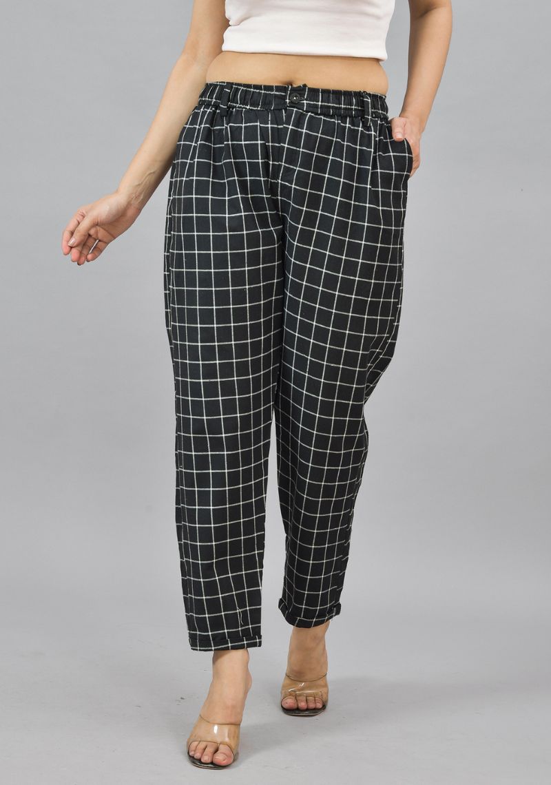 Black White Cotton Checks Women Straight Trouser-43997