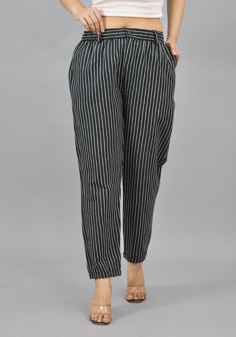 Black White Cotton Stripe Women Straight Trouser-43998