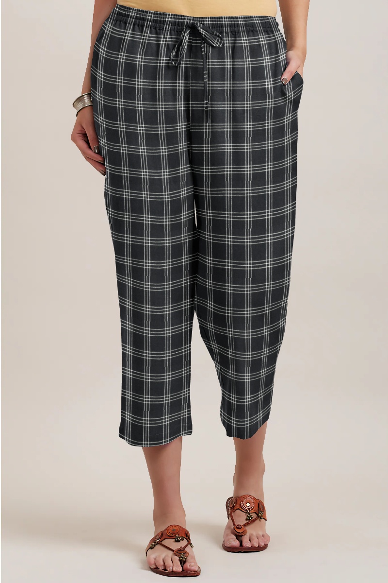 Black White Cotton Triple Line Check Women Culottes-35925