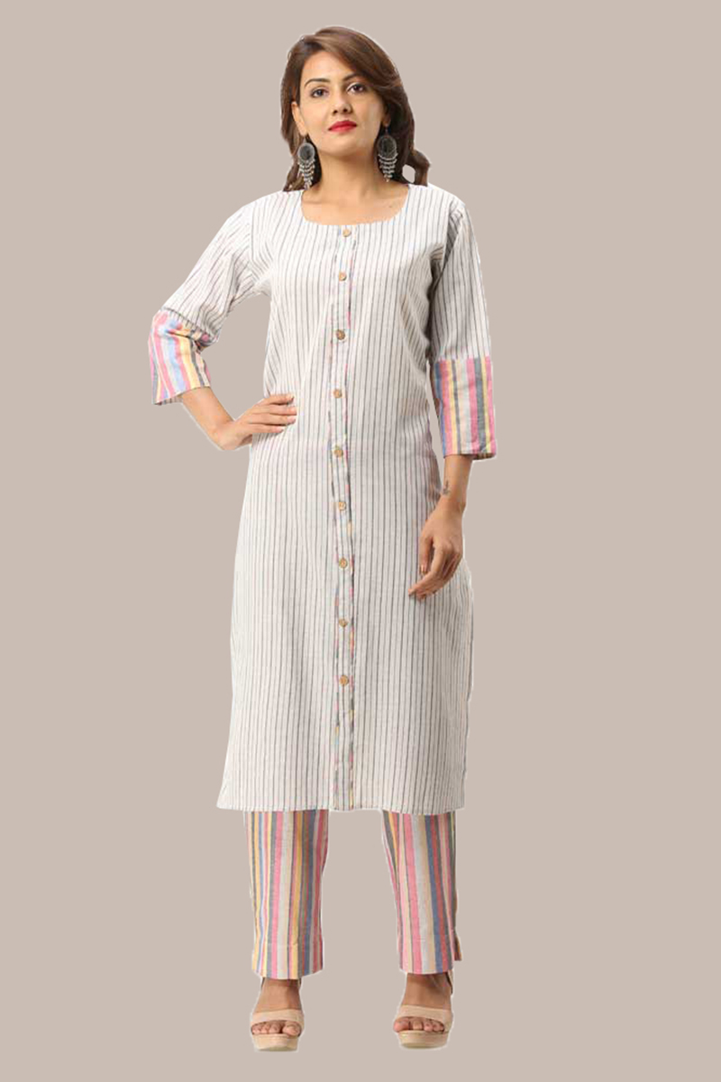 Kurta Pant Set-Black White Handloom Cotton Kurta Stripe Pant Set-33725