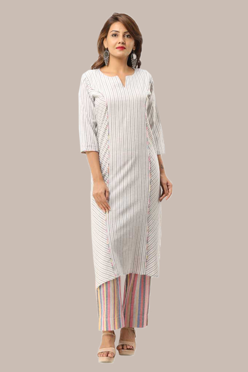 Kurta Pant Set-Black White Handloom Cotton Kurta Stripe Pant Set-33728