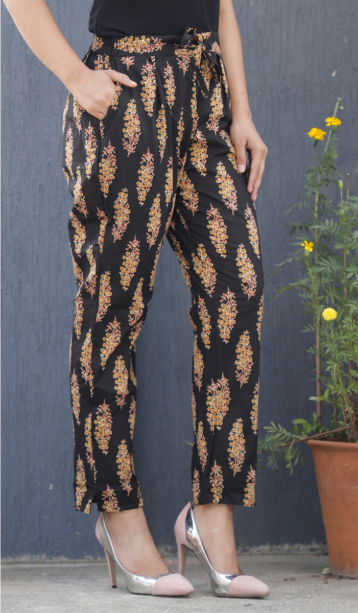 Black Yellow Floral Block Print Cotton Pant-34092