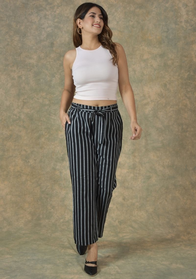 Black and White Cotton Stripe Women Trouser-45242