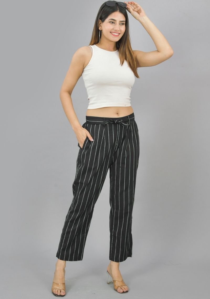 Black and White Cotton Stripe Women Trouser-45244