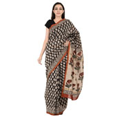 Black and White Leaf Design Block Print Chanderi Saree-20126