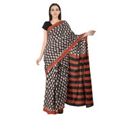 Black and White Leaf Pattern Cotton Block Print Saree-20102