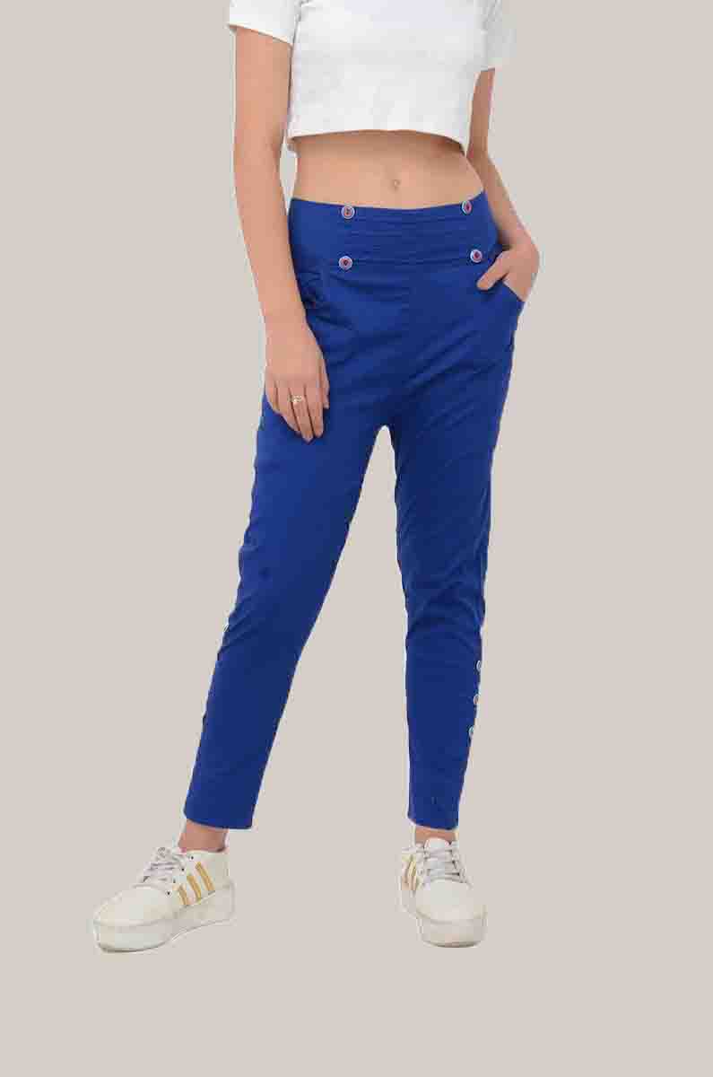 Blue Cotton Lycra Roll Up Pant-33492
