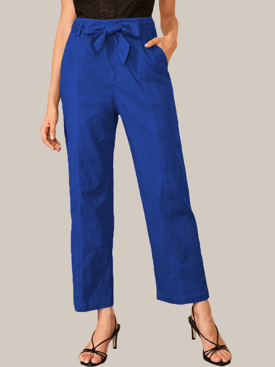 Blue Cotton Solid Wide Leg Pants With Belt-33921