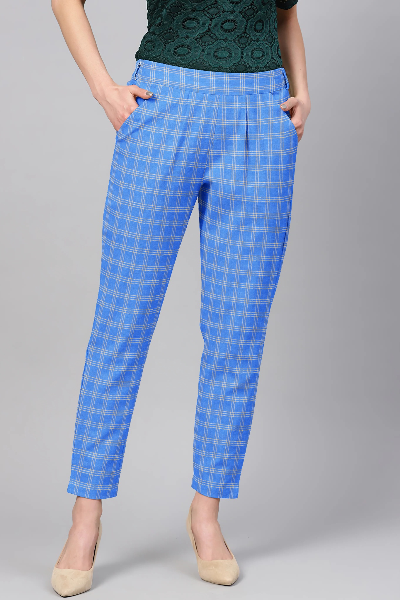 Blue Cream Cotton Check Regular Fit Solid Trouser-36115