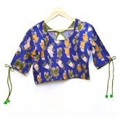 Blue-Green and White Hnad Mudra Kalamkari Print Cotton Blouse-30072