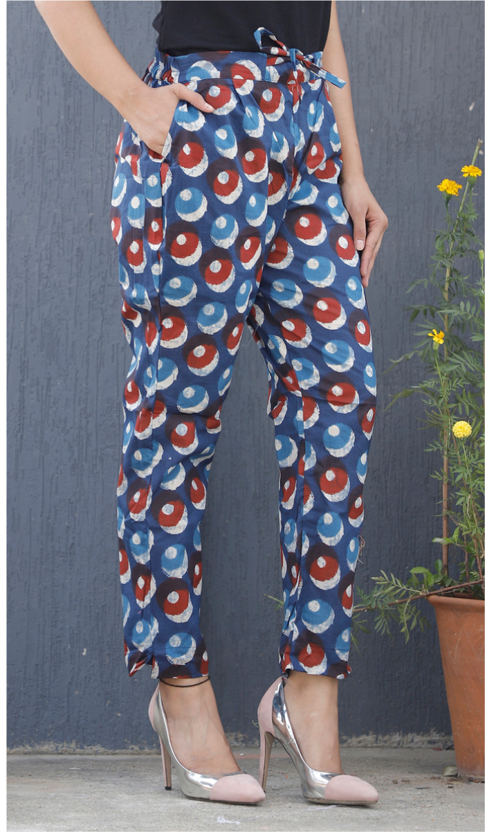 Blue Red and White Indigo Block Print Cotton Pant-34096