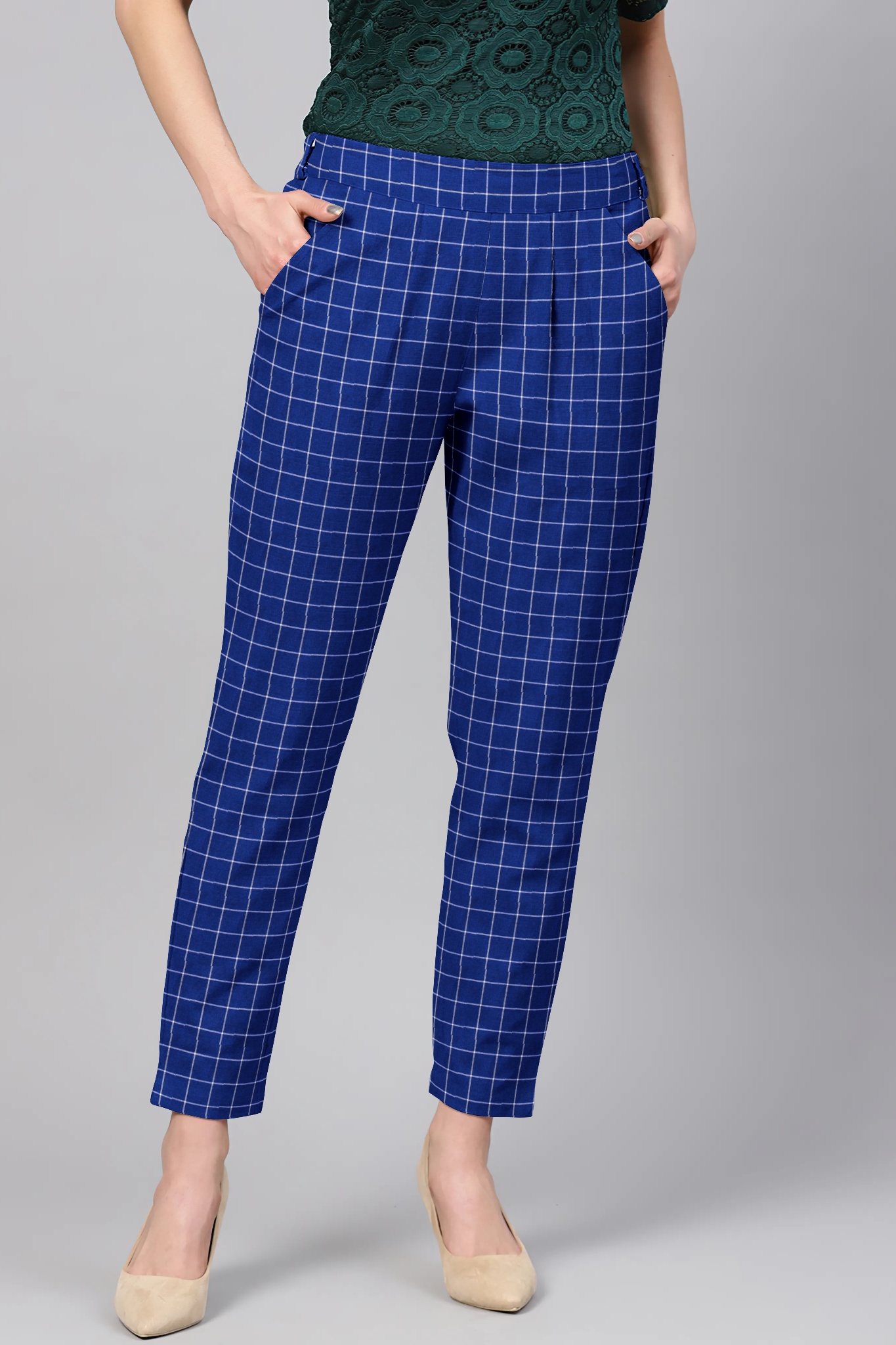 Blue White Cotton Check Regular Fit Solid Trouser-36059