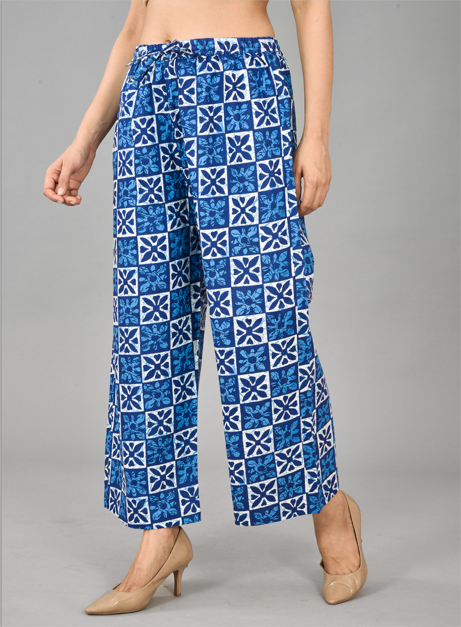 Blue White Cotton Leheria Palazzo Pant-36731