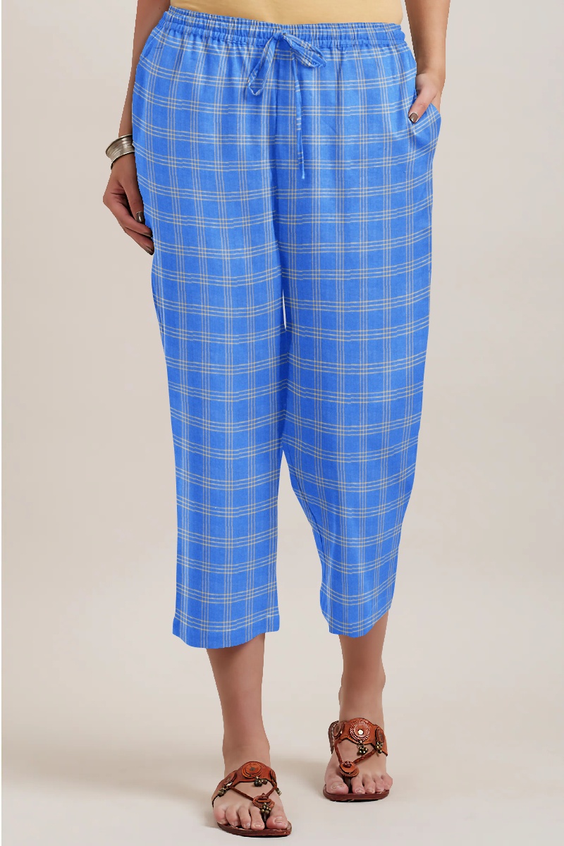 Blue White Cotton Triple Line Check Women Culottes-35927