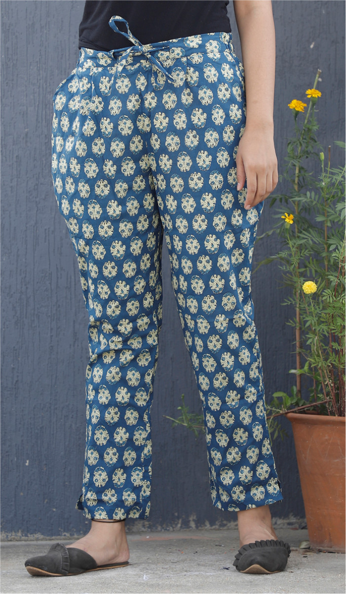 Blue White Floral Block Print Cotton Pant-34098