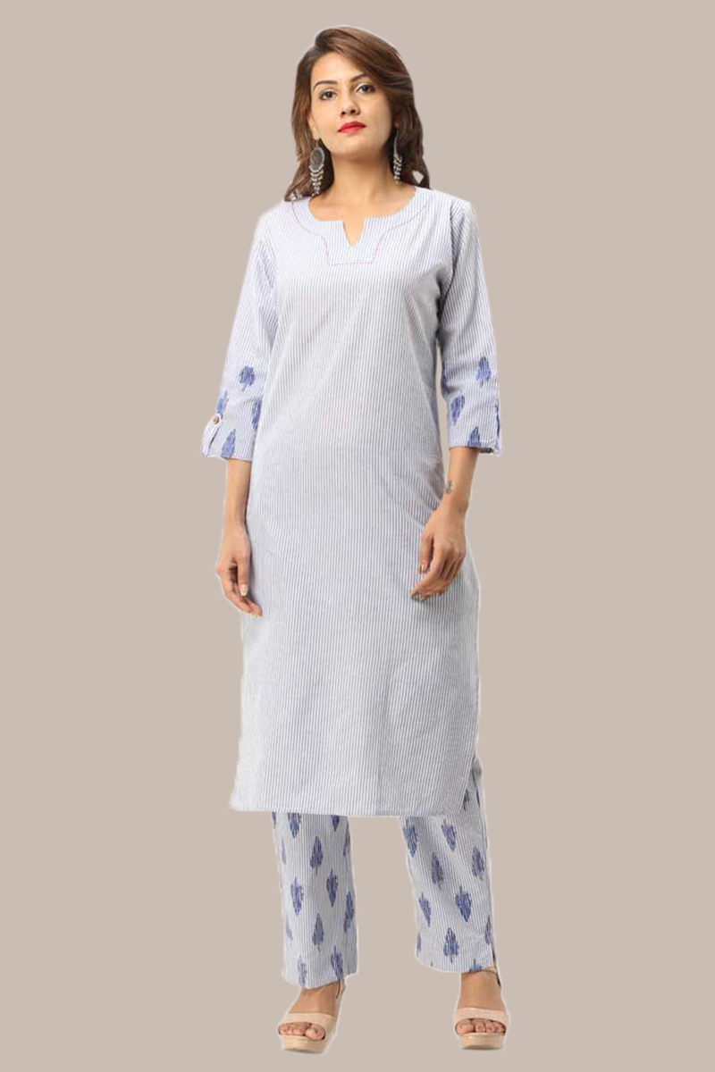 Kurta Pant Set-Blue White Handloom Cotton Kurta Stripe Pant Set-33734