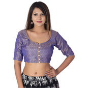 Blue and Golden Elbow Sleeve Silk Brocade Blouse-30184