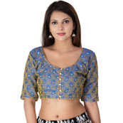 Blue and Golden Elbow Sleeve Silk Brocade Blouse-30189