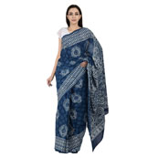 Blue and White Circular Design Cotton Block Print Saree-20077