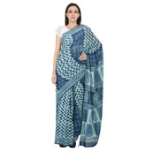 Blue and White Cotton Block Print Saree-20093