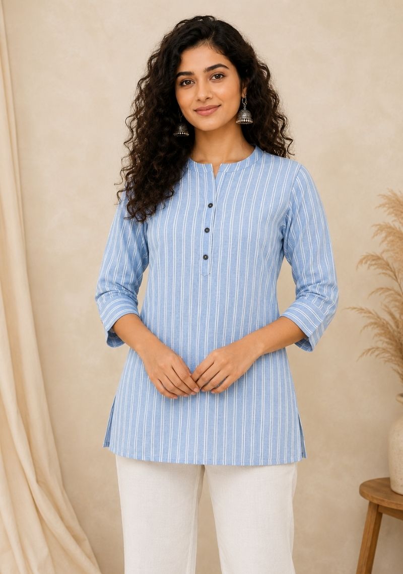 Blue and White Cotton Ethnic Women Stripe Short Top-51176