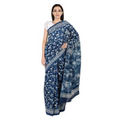 Blue and White Cotton Indigo Block Print Saree-20073