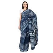 Blue and White Cotton Indigo Block Print Saree-20087