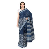 Blue and White Cotton Indigo Block Print Saree-20088