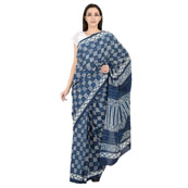 Blue and White Cotton Indigo Print Saree-20083