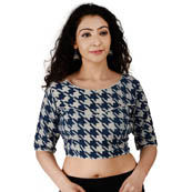 Blue and White Elbow Sleeve Cotton Indigo Blouse-30141
