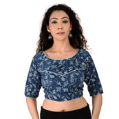 Blue and White Elbow Sleeve Cotton Indigo Blouse-30149