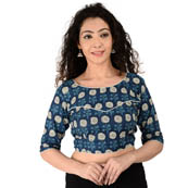 Blue and White Elbow Sleeve Cotton Indigo Blouse-30154