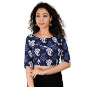 Blue and White Elbow Sleeve Cotton Indigo Blouse-30178