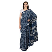 Blue and White Floral Design  Cotton Block Print Saree-20067