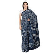 Blue and White Flower Pattern Cotton Block Print Saree-20068