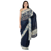 Blue and White Indigo Block Print Chanderi Saree-20149