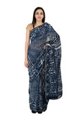 Blue and White Indigo Block Print Chanderi Saree-20151