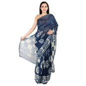 Blue and White Paisley Design Block Print Chanderi Saree-20142