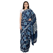 Blue and White Square Design Cotton Block Print Saree-20070