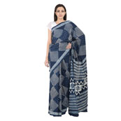 Blue and White Square Design Cotton Indigo Print Saree-20089