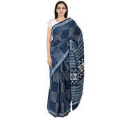Blue and White Square Pattern Cotton Block Print Saree-20075