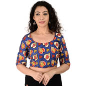 Blue and Yellow Elbow Sleeve Cotton Kalamkari Blouse-30148
