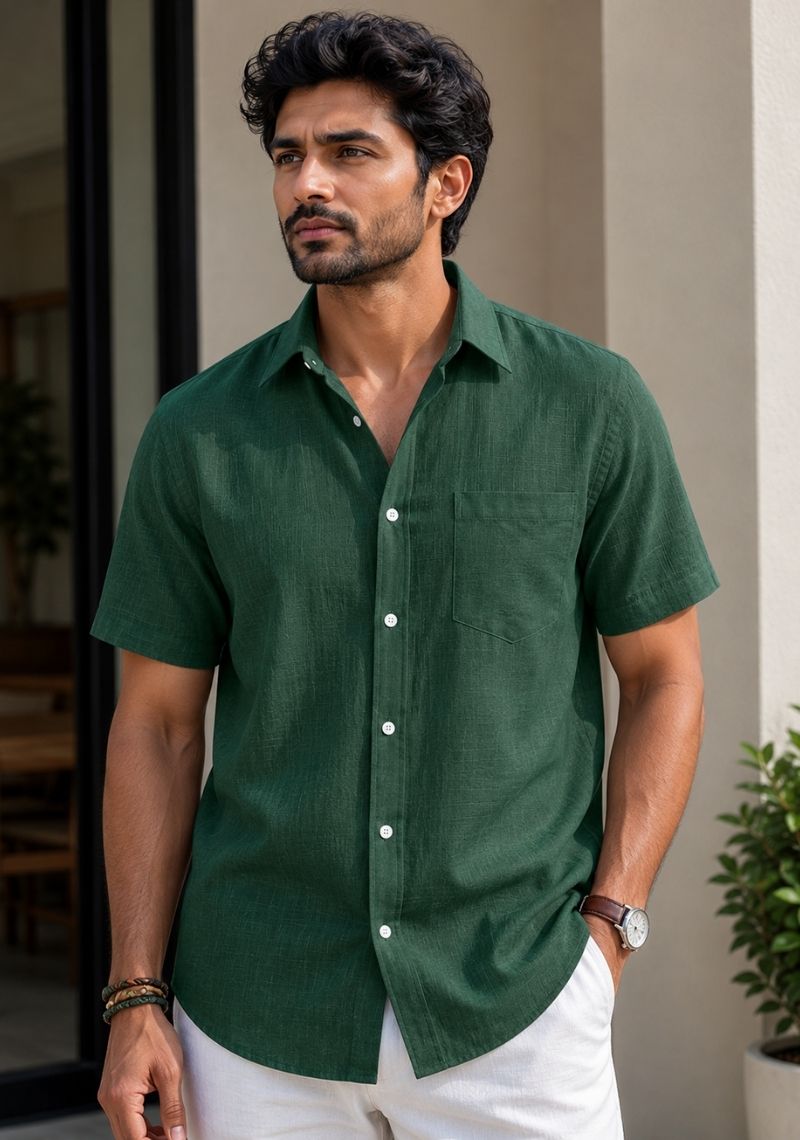 Bottle Green Cotton Linen Relaxed Fit Half Sleeve Shirt-51713