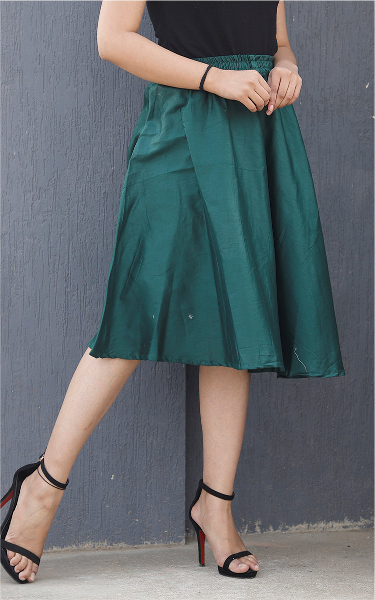 Bottle Green Cotton Women Knee-Length Skirt-35290