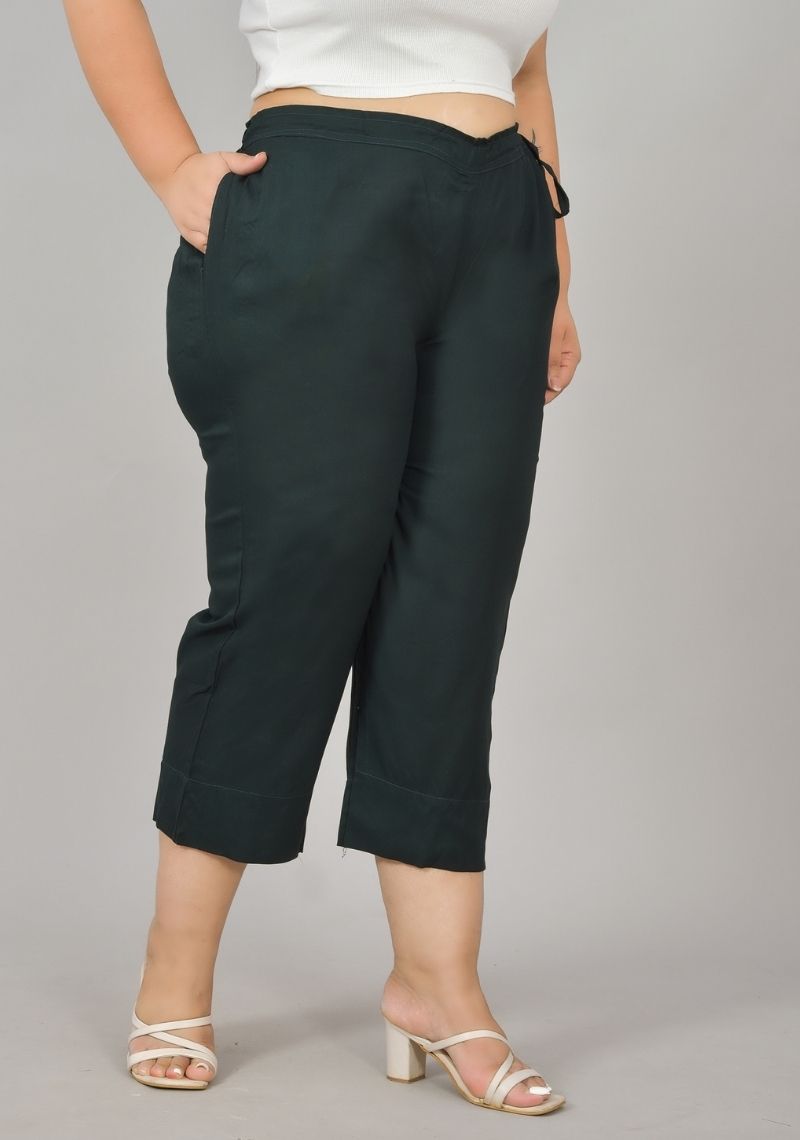 Bottle Green Rayon Plus Size Ankle Length Women Pant-48414