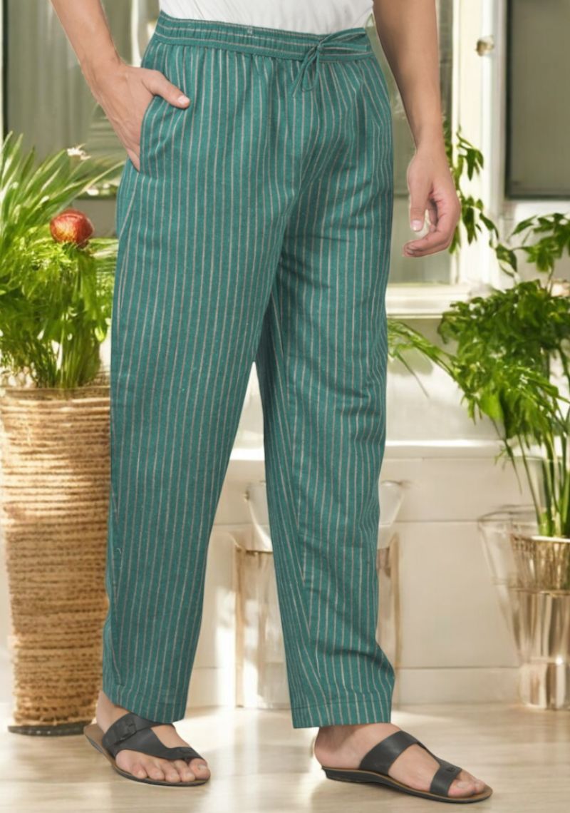 Bottle Green White Cotton Handloom Stripe Men Pant-49401