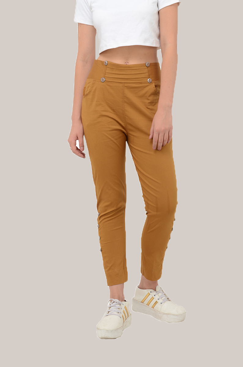Brown Cotton Lycra Roll Up Pant-33490